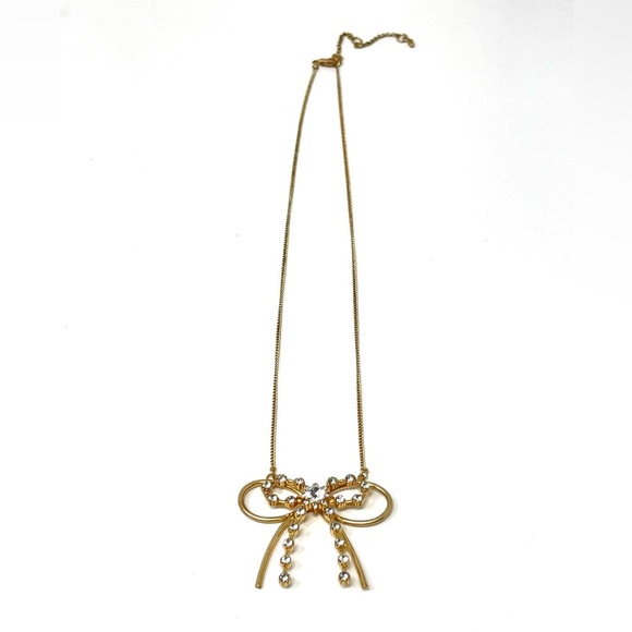 New Anthropologie Rhinestone Bow Necklace Gold - Picture 3 of 5